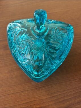 Hazel-Atlas “Capri” Aqua Blue Glass Triangle Covered Candy Dish. MCM 1950